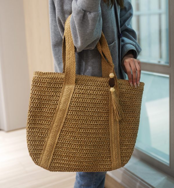 Machine-Woven Fabric & Straw Bag - Image 4